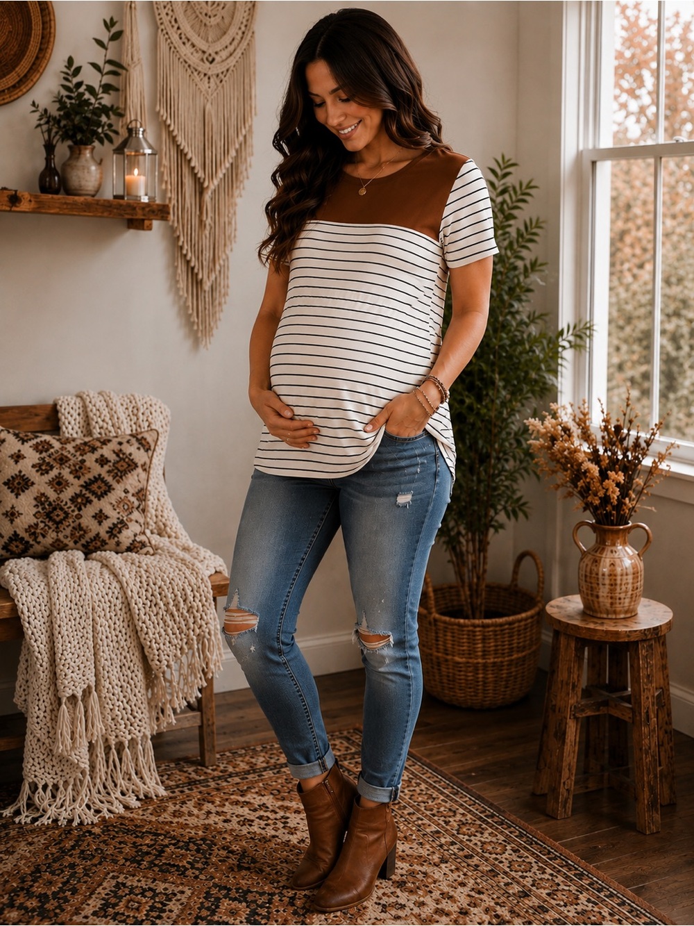 NEW Maternity Colorblock Striped Tunic Top Brown Cream Short Sleeve M